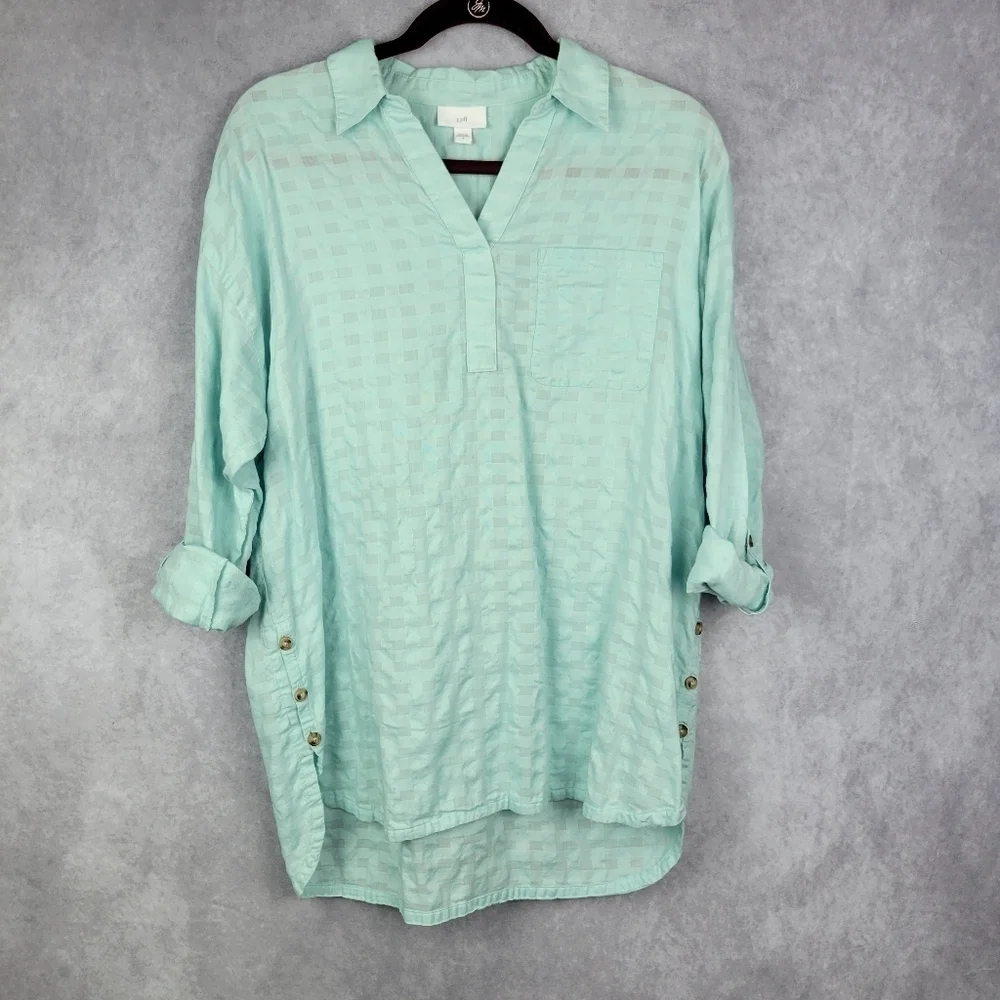 j.jill Textured Side-Button Shirttail Tunic 100%Cotton Women's Size M Blue Green